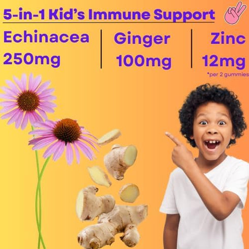 5-in-1 Kid's Immune Support Gummy with Manuka Honey, Vitamin C, Zinc, Echinacea, Ginger - 60 Count, Natural Citrus