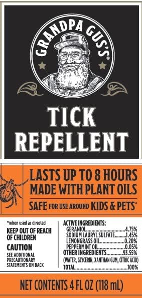 Grandpa Gus's Natural Tick Repellent Spray, Up to 8 Hours Time-Release Plant-Based Actives, Non-Greasy, No Stains, No DEET, 4 oz (Pack of 2)