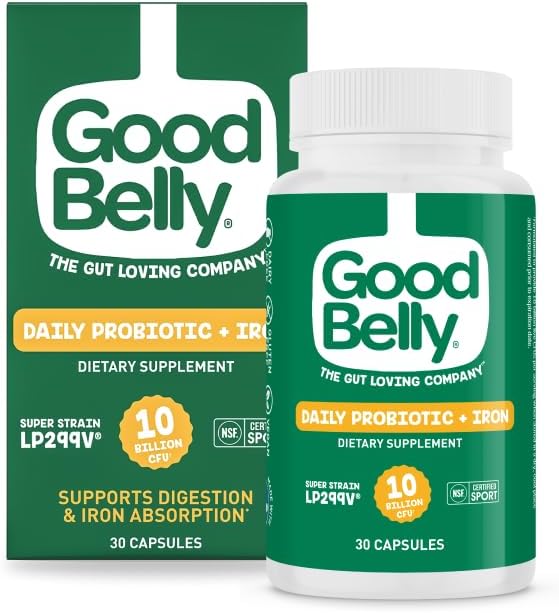 GoodBelly Probiotic Capsules for Digestive Health & Iron Absorption, Vegan Supplement with 10 Billion Cultures, 30