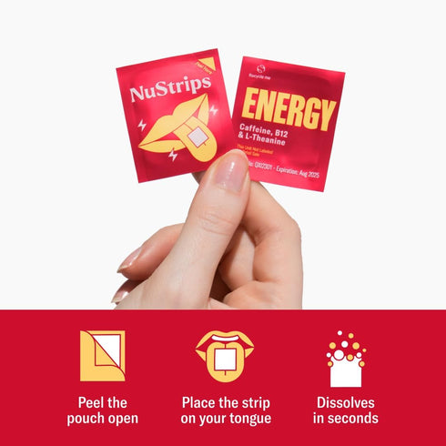 Energy Strips | Natural Instant Energy with 50mg Caffeine, L-Theanine, Vitamin B12 - 30 Strips = 30 Drinks