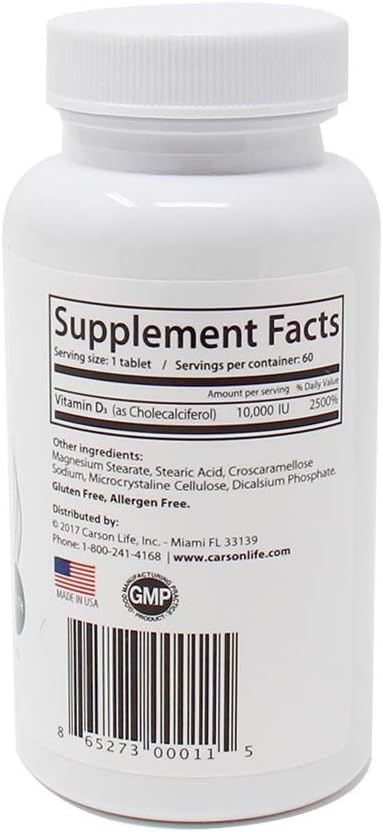 CARSON LIFE Vitamin D 10,000 IU Tablets - Excellent Supplement for Vitamin D Deficiency - Helps Strengthen Bones, Teeth and Immune System - 60 Tablets - Made in The USA