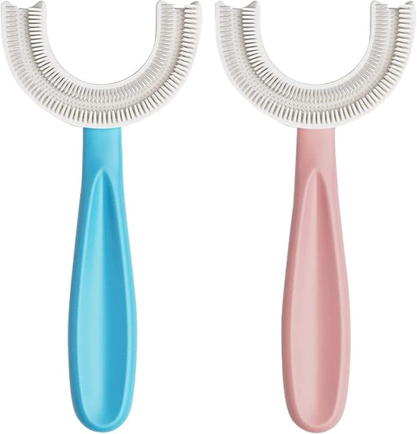 YOTEE U-Shaped Toothbrush Kids 2 PCS - Toddler Toothbrush with Soft Silicone Brush Head for Kids Age 6-12 (Blue+Pink)