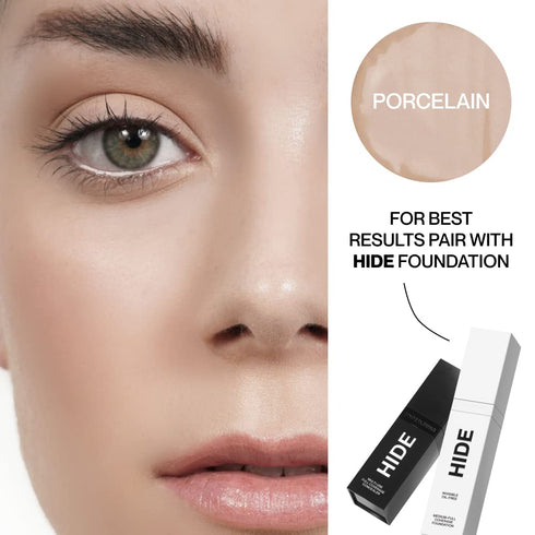 HIDE Liquid Concealer, Medium to Full Coverage for Blemishes, Under Eye Dark Circles & Scars, Oil Free, Porcelain
