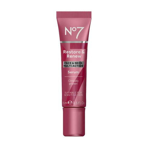 No7 Restore & Renew Multi-Action Face & Neck Serum, Anti Aging for Deep Wrinkle Repair, 0.5 Fl Oz