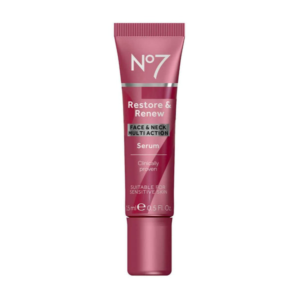 No7 Restore & Renew Multi-Action Face & Neck Serum, Anti Aging for Deep Wrinkle Repair, 0.5 Fl Oz