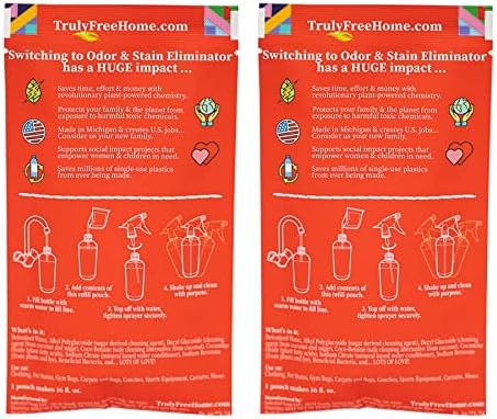 2-Pack TrulyFree Odor & Stain Eliminator - Includes Empty Refillable 16oz Spray Bottle and 2 Refill Pouches
