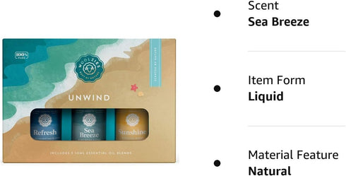 Woolzies 100% Pure & Natural Unwind Essential Oil Blend Set, Therapeutic Grade, Refresh, Sea Breeze, Sunshine