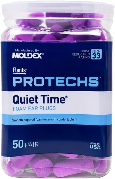Flents Protechs Foam Ear Plugs, 50 Pair, NRR 33, Noise Cancelling, Purple, Made in the USA