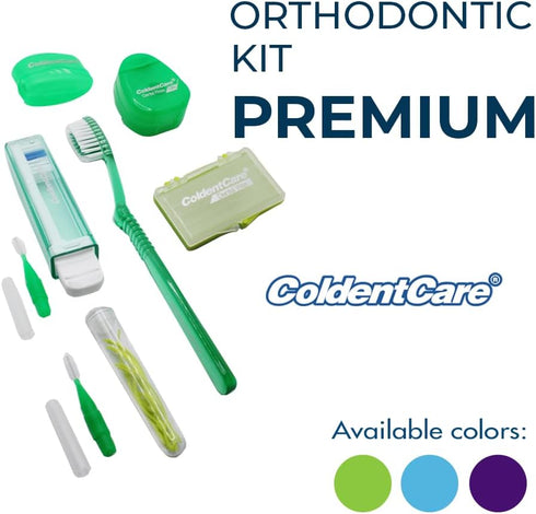 Orthodontic Oral Care Kit for Braces, Includes Toothbrush, Dental Floss, Wax, and Travel Case (Green)