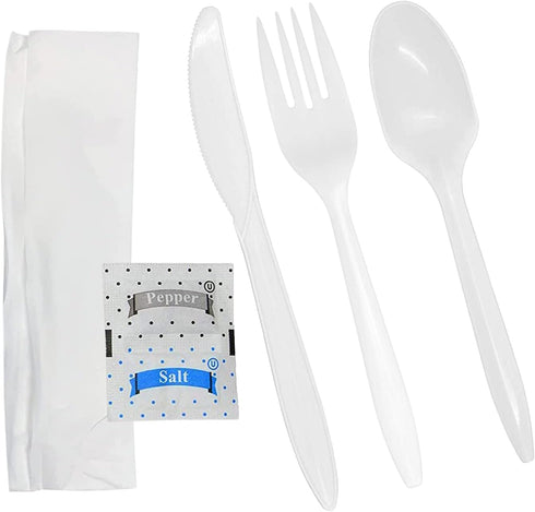 25 Pack Disposable Plastic Cutlery Packets, Individually Wrapped Spoons and Forks with Napkin Salt Pepper
