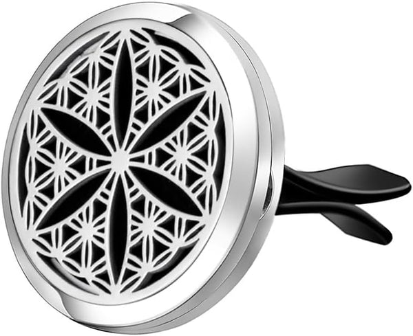 Wild Essentials Flower of Life Essential Oil Car Vent Diffuser with 12 Color Refill Pads, Stainless Steel Locket