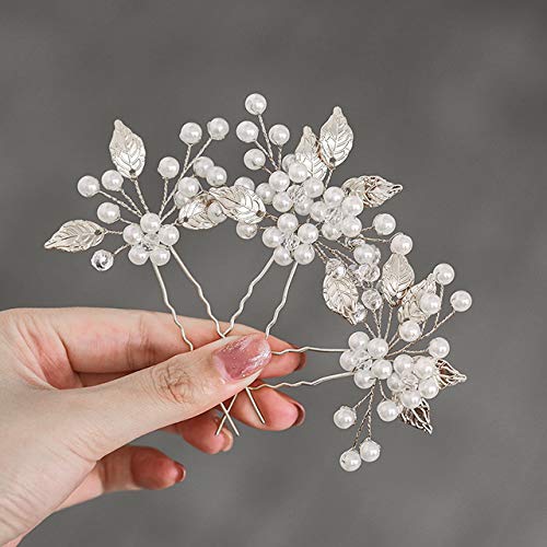 Heread Pearl Bridal Hair Pins Pack of 3 | Leaf Head Piece Flower Hair Accessories for Women and Girls (Silver)