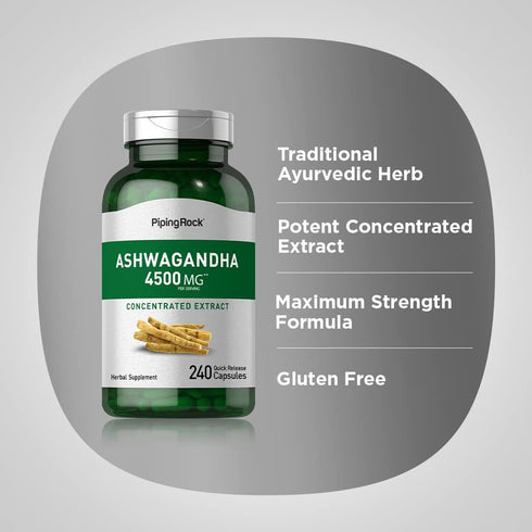 Piping Rock Ashwagandha Supplement 4500 mg, 240 Capsules, Herbal Extract with Black Pepper, Non-GMO & Gluten Free