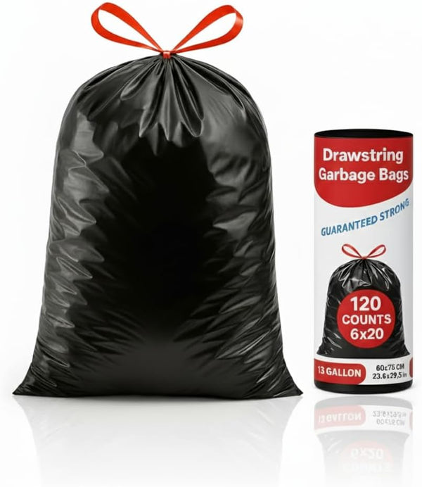 San Zooni 13 Gallon Drawstring Trash Bags (120 Count) Heavy Duty Black Garbage Bags,