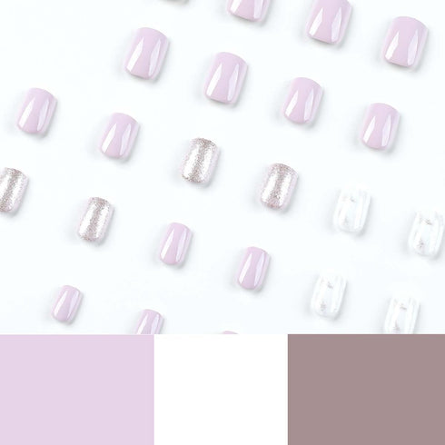 Square Press on Nails, Short Fake Nails with Glitter and Marbling Design, 24Pcs for Women Manicure