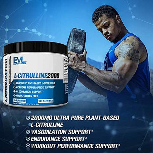 Evlution L-Citrulline 2000, High Strength Nitric Oxide Pre Workout Powder for Enhanced Muscle Strength