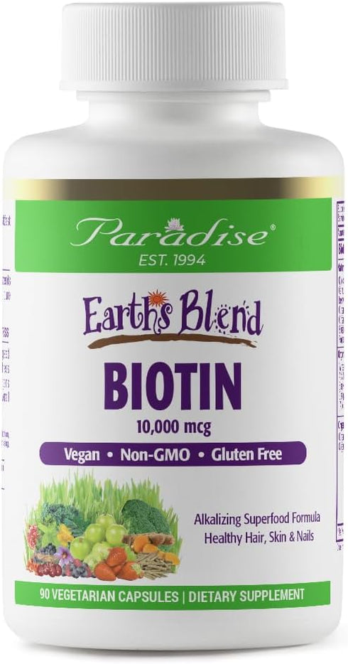 Paradise Herbs Earth's Blend Biotin Supplement - Vegan, Non-GMO, Gluten Free, Hair, Skin & Nails, 90 Veg Capsules