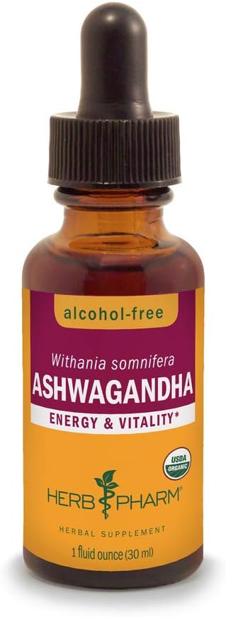 Herb Pharm Organic Ashwagandha Liquid Extract, Alcohol-Free: Mood Support Supplement, Vegan Ashwagandha Root Glycerite, Tasty Non-Bitter Adaptogen Extract for Adults, Non-GMO, 1 Oz