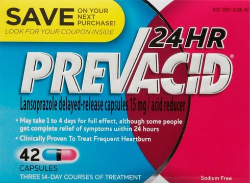 Prevacid 24HR Lansoprazole 15 mg Delayed-Release Capsules, Acid Reducer for Heartburn Relief, 42 Count