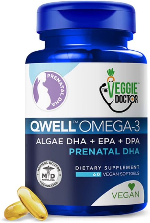 Vegan Prenatal DHA, EPA, & Omega3, Qwell Better Than Fish Oil Supplements, 60Ct for Brain Development