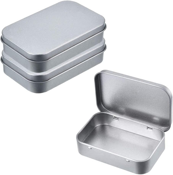 AKOAK 3 Pcs Silver Rectangular Empty Hinged Tins, 3.7 x 2.4 x 0.8 Inches for First Aid, Crafts