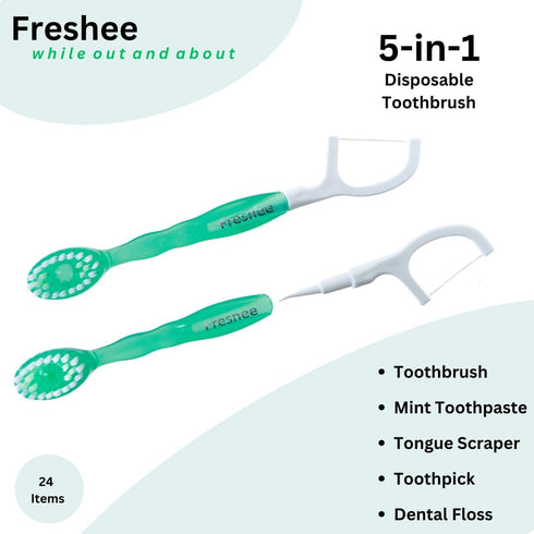 Freshee 5 in 1 Disposable Mini Toothbrush with Toothpaste, Floss, Pick, Tongue Scraper, Travel Size, Mint