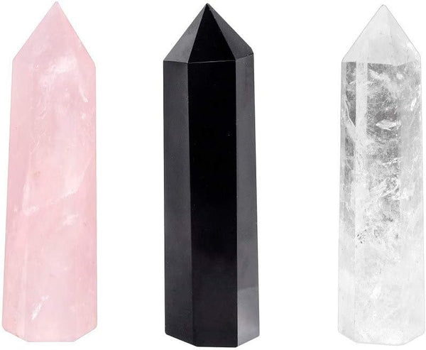 Rockcloud Pack of 3 Healing Crystal Wands, 6 Faceted Prism Bar Reiki Chakra Stones for Meditation