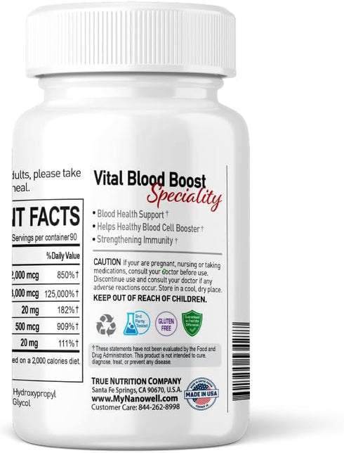 Vital Blood Boost - 90 Tablets, 90 Day Supply - Dietary Supplement for White and Red Blood Cell Support with Iron,
