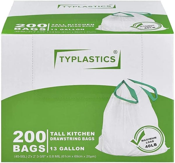 Tall Kitchen Drawstring Trash Bags, 13 Gallon, 200 Count