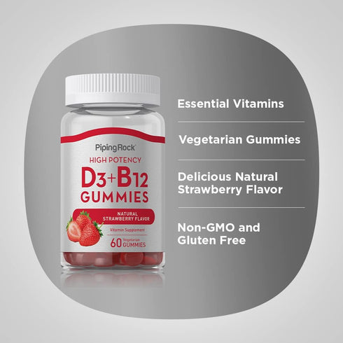 Piping Rock Vitamin D3 + B12 Complex Gummies, High Potency, Strawberry Flavor, Vegetarian, Non-GMO, Gluten Free