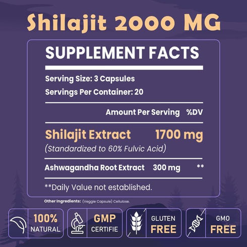 60,000 MG Shilajit Pure Himalayan Organic Capsules, 100% Gold Grade Shilajit for Men & Women, Himalayan Shilajit 85+ Trace Minerals & 60% Fulvic Acid for Energy Boost & Immune Support, 60 Capsules