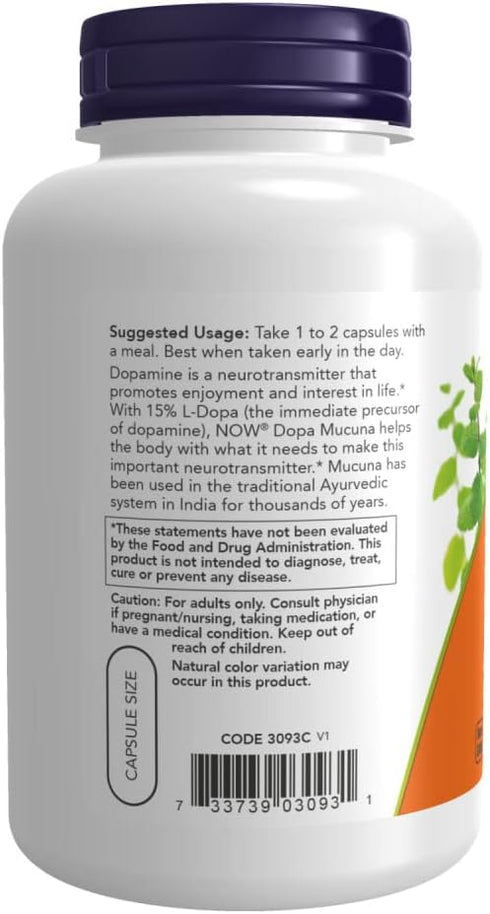 NOW Supplements DOPA Mucuna, Standardized Mucuna Extract with 15% L-Dopa, 180 Veg Capsules