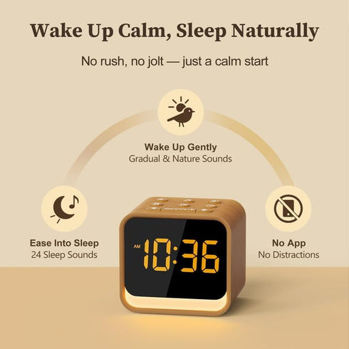 Housbay Wooden Sound Machine Alarm Clock for Bedrooms - Gentle Wake-Up with Birdsong, White Noise for Sleeping, Small