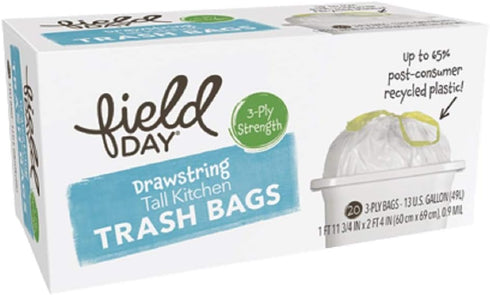 Field Day Drawstring Tall Kitchen Trash Bags, 20 Count