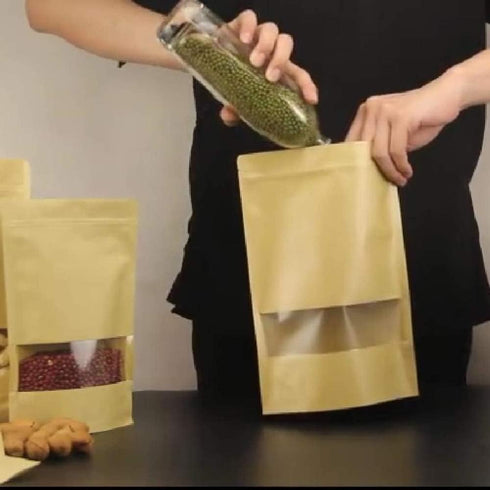 50 pcs Kraft Bags with Window Stand Up Ziplock Seal Paper Bag, Resealable Large Food Storage Pouch 1oz 3.5×5.5in