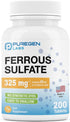 Puregen Labs Ferrous Sulfate 325 mg High Potency Iron Supplement | 200 Tablets Made in USA