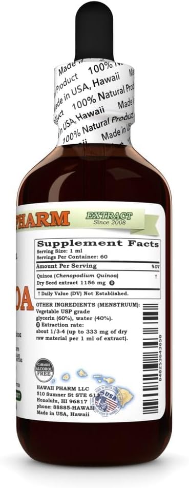 Hawaii Pharm 2 fl.oz Quinoa (Chenopodium Quinoa) Dry Seed Glycerite, All Natural, Vegan, Lab Tested Alcohol-Free Liquid