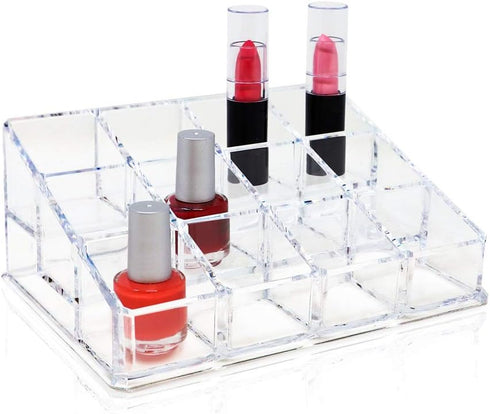 Isaac Jacobs Clear Acrylic Nail Polish Holder, 12 Compartment Organizer for Makeup and Essential Oils, 3 Rows (x4)