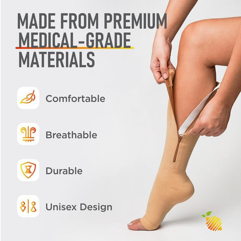 Lemon Hero Medical Zippered Pregnancy Compression Socks for Women, Open Toe 20-30 mmHg - Small, Beige