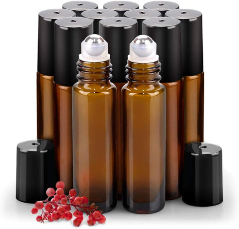Sungwoo 12 Pack Essential Oil Roller Bottles, 10ml Amber Glass with Caps for Travel, Perfume