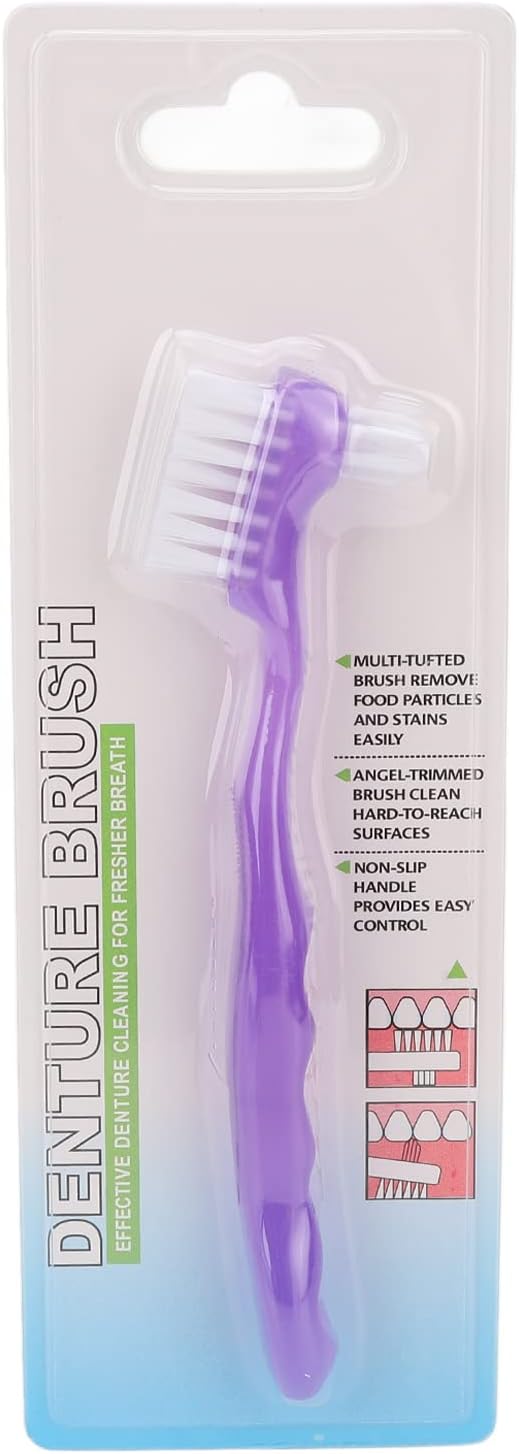 Portable False Teeth Cleaning Brush, Elderly Denture Brush with Container for Home Travel (Purple)
