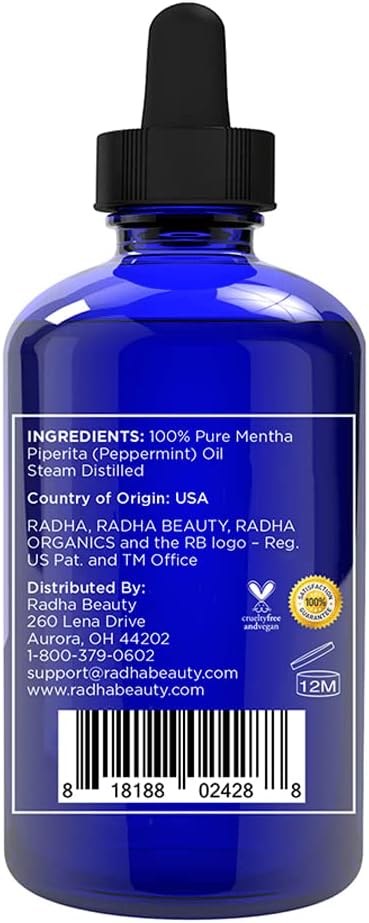 Radha Beauty Peppermint Essential Oil 4 oz - 100% Pure & Therapeutic Grade, Steam Distilled for Aromatherapy, Fresh Minty Scent, Focus, DIY Projects, Candles, Sprays and Fragrance