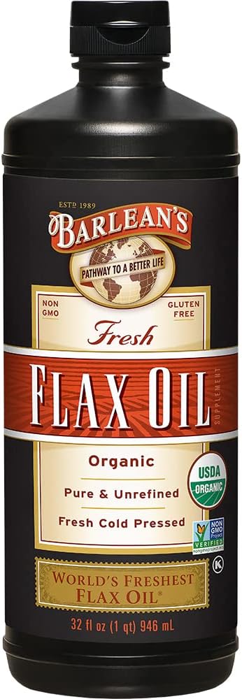 Barlean's Organic Flaxseed Oil Liquid, Cold Press, 32 oz, 7,640mg ALA Omega 3 Supplement