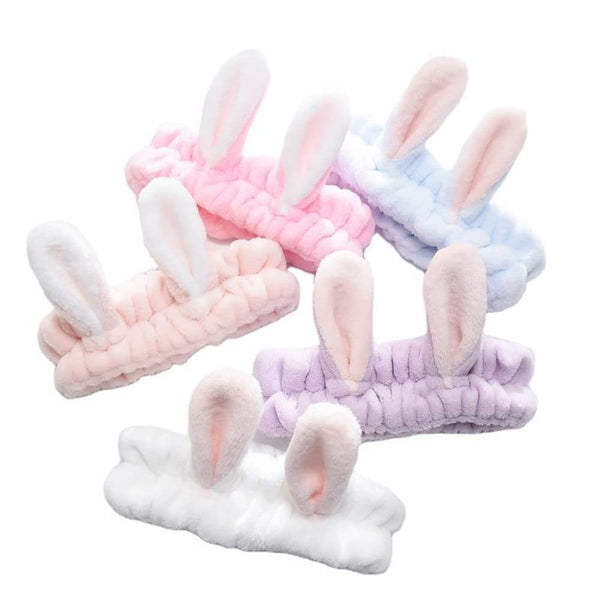 LOVEF 5Pcs Bunny Ear Cosmetic Headband Fluffy Elastic Hairband for Shower, Spa, Party, Facial Mask