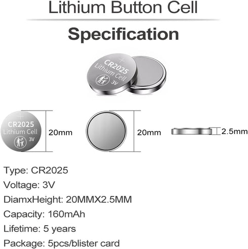 PGSONIC CR2025 3V Lithium Battery, Pack of 15pcs