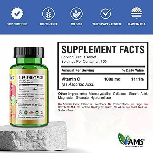 America Medic & Science Rapid-C 1000mg Vitamin C Supplement, 2 Pack of 100 Tablets, Daily Immune Support