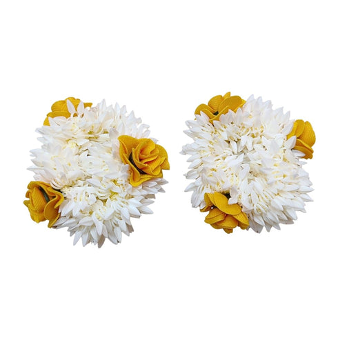 Traditional Indian Hair accessories White Gajra with yellow rose Artificial Flower Jewelry Handmade Veni tiara For Women Party Wear bridal mehndi Hair Bun (1 pc)