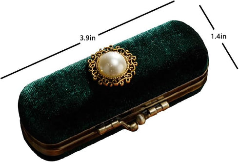 Lipstick Case Holder, Fashion Cosmetic Travel Cases, Retro Velvet Lipstick Box with Mirror, Green