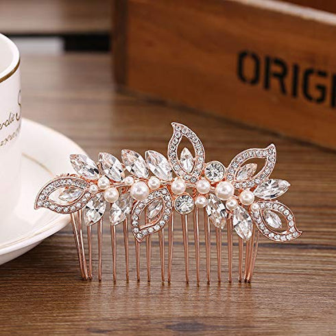 Kercisbeauty Wedding Bridal Rhinestone Crystal Leaf Hair Comb - Rose Gold Slide for Bridesmaids, Prom, Bun Hair