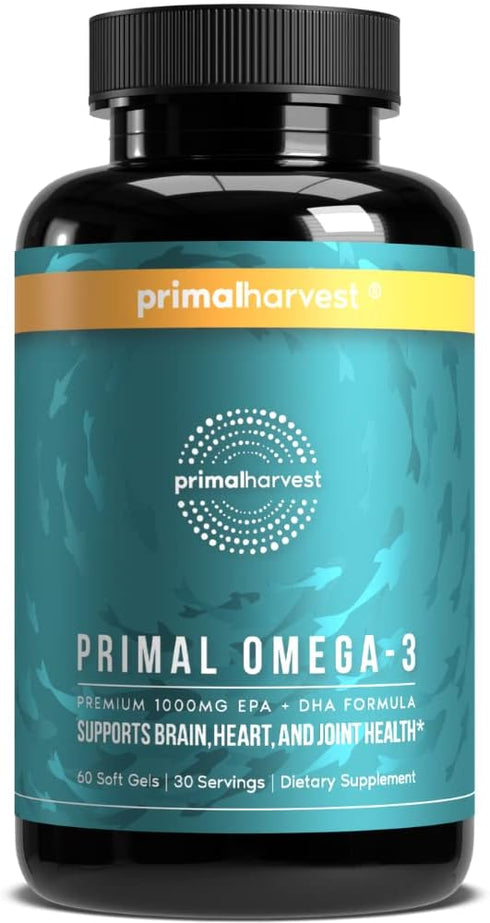 Primal Harvest Omega 3 Fish Oil Supplements, 30 Servings Soft Gels with 1000mg EPA + DHA, No Fishy Burps